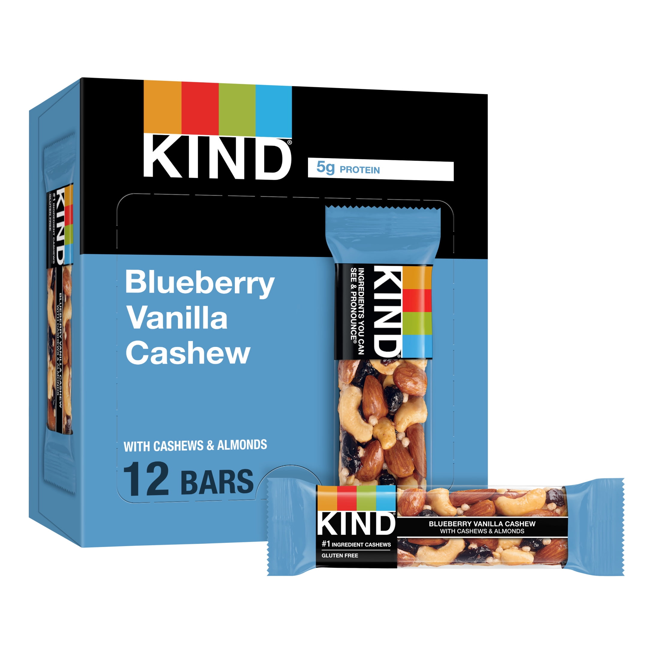 KIND Gluten Free Blueberry Vanilla Cashew Snack Bars, 1.4 oz, 12 Count Cardboard Box