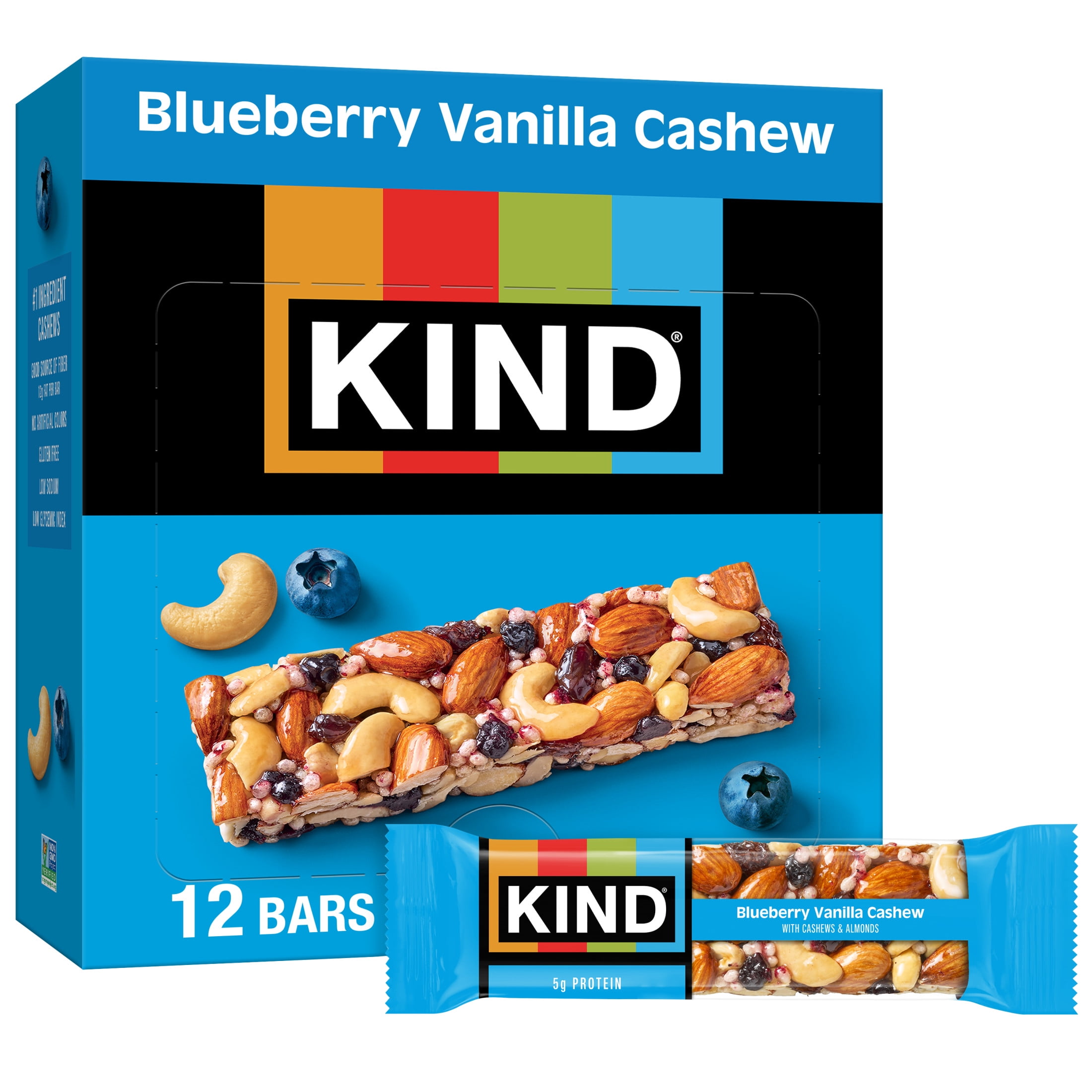 KIND Gluten Free Blueberry Vanilla Cashew Snack Bars, 1.4 oz, 12 Count Cardboard Box