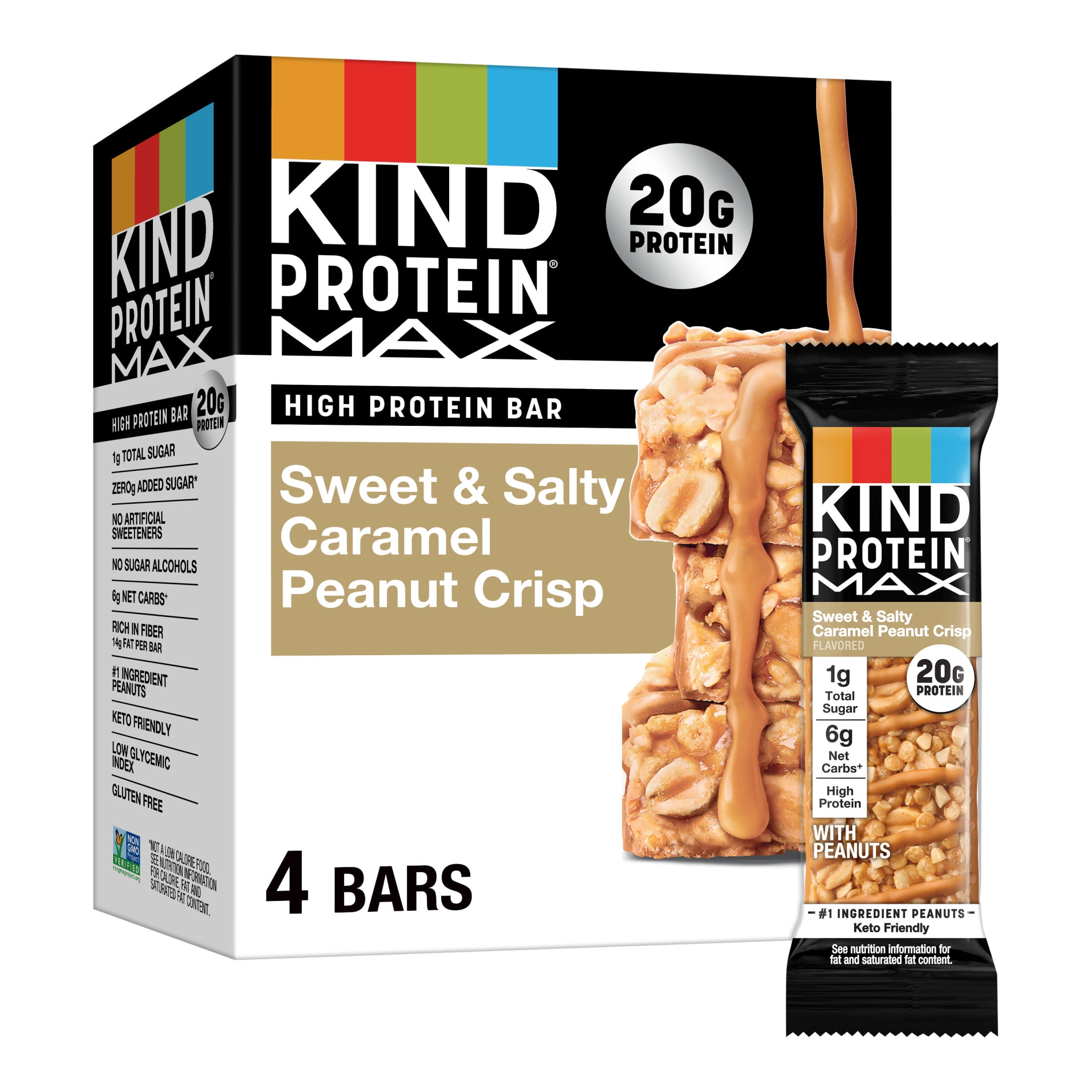 KIND, Gluten Free, Protein MAX Sweet & Salty Caramel Peanut Protein Bars 4 Count  Cardboard Box