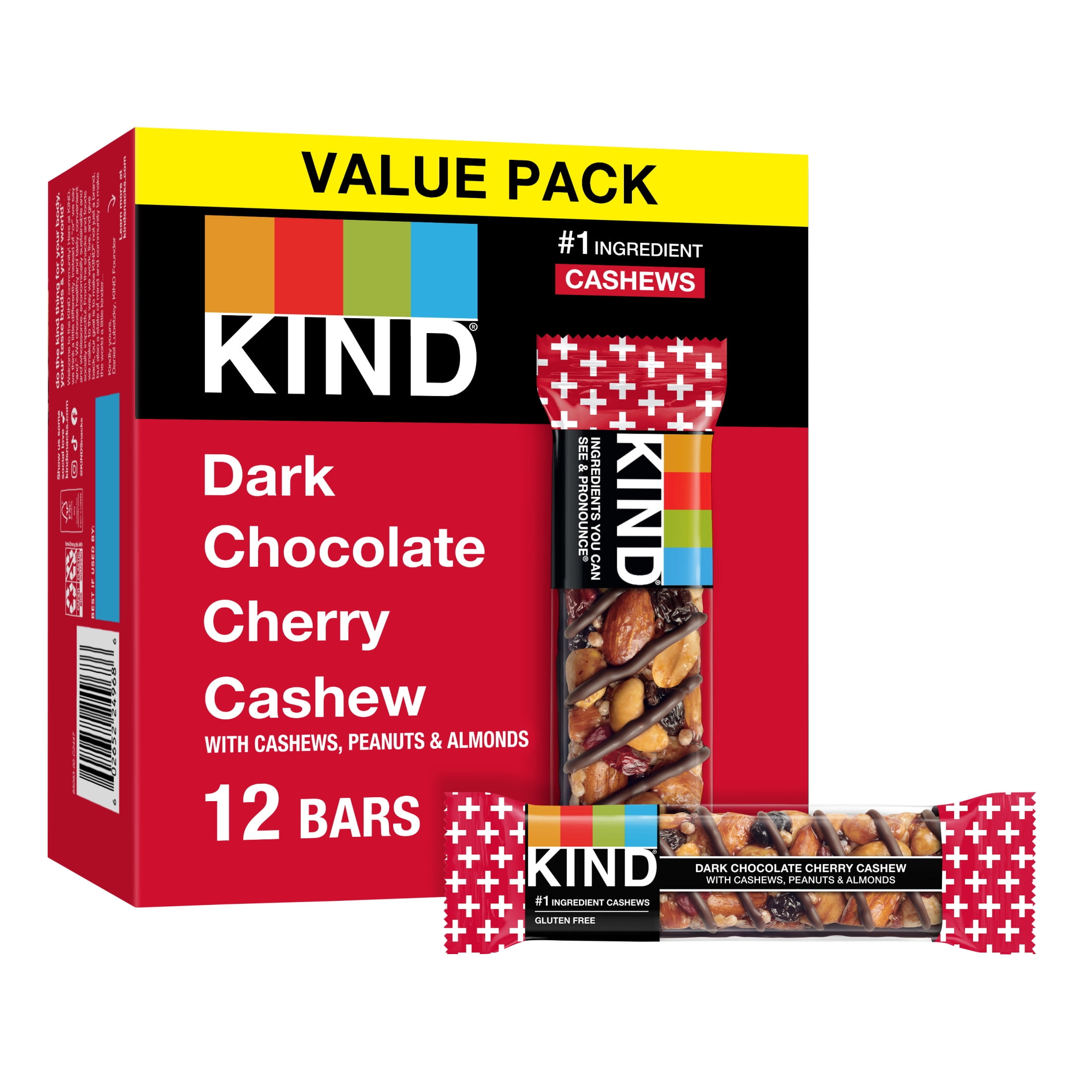 KIND Gluten Free Ready to Eat Dark Chocolate Cherry Cashew Snack, Value Pack, 1.4 oz, 12 Count Cardboard Box