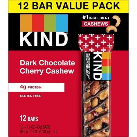 KIND Gluten Free Ready to Eat Dark Chocolate Cherry Cashew Snack, Value Pack, 1.4 oz, 12 Count Box