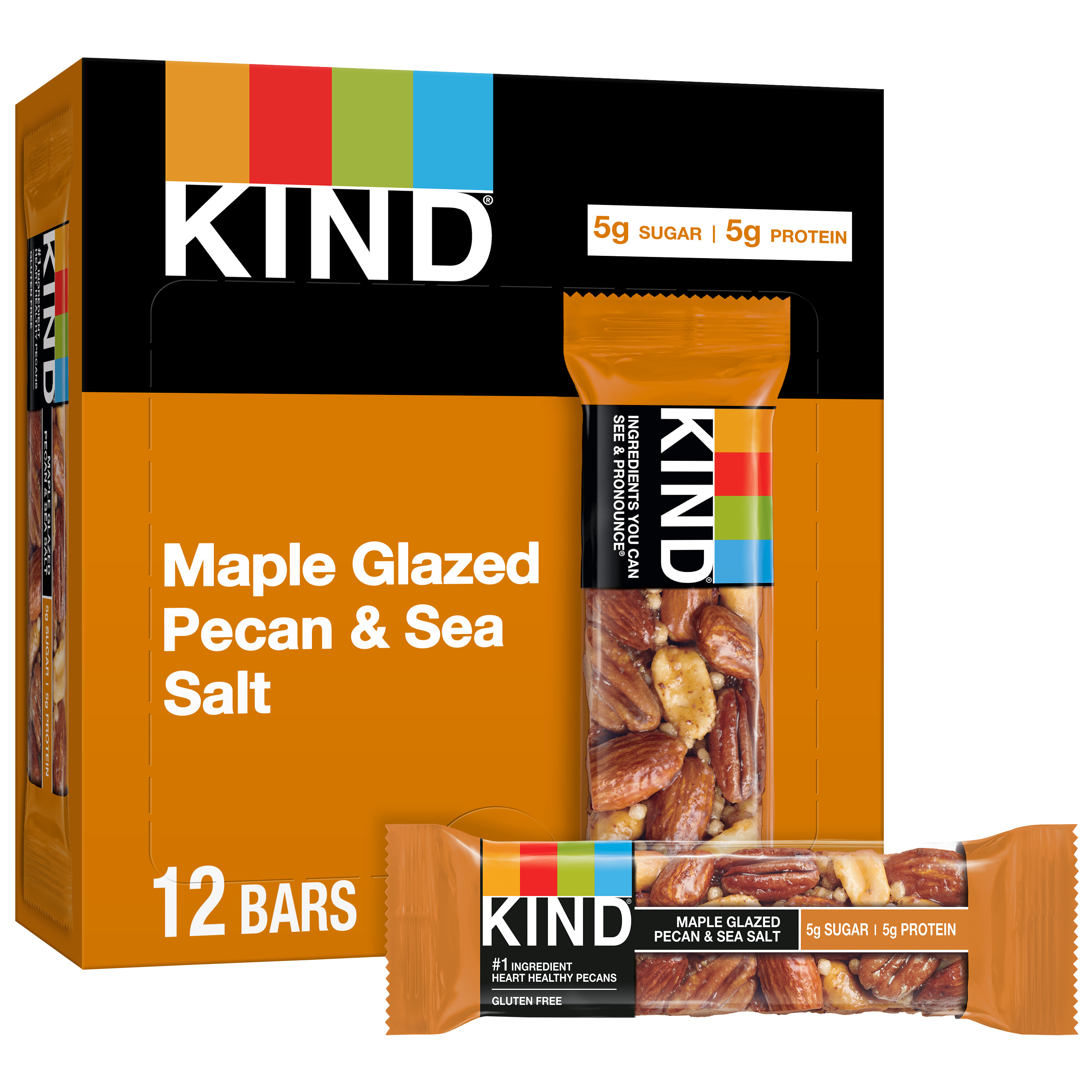 KIND Gluten Free Ready to Eat Maple Glazed Pecan & Sea Salt Snack Bars, 1.4 oz, 12 Count Box - image 1 of 10