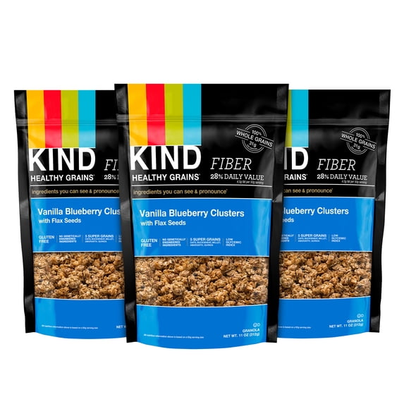 KIND Healthy Grain Granola Clusters, Vanilla Blueberry with Flax Seeds, 11 oz, 3 Bags