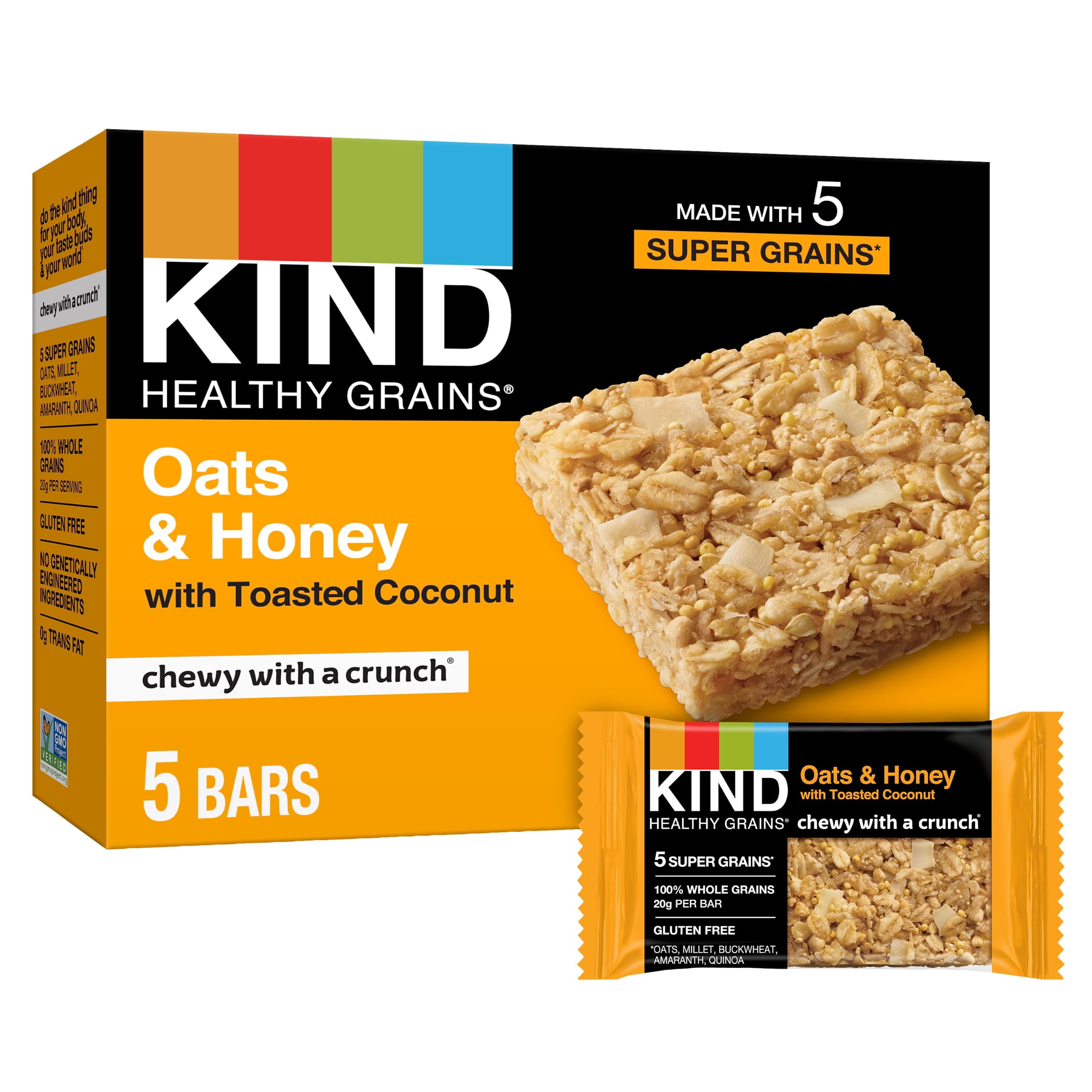 KIND Healthy Grains Bars, Oats & Honey with Toasted Coconut, Non GMO, Gluten Free, 1.2 oz, 5 Count