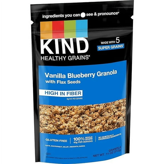 KIND Healthy Grains, Vanilla Blueberry Granola with Flax Seeds, Healthy Snacks, Gluten Free, 100% Whole Grains, 5g Protein, 11oz, 1 Count