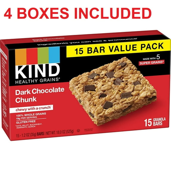 KIND Healthy Grains Dark Chocolate Chunk Gluten Free 15 Bar/Pack - 4 Pack