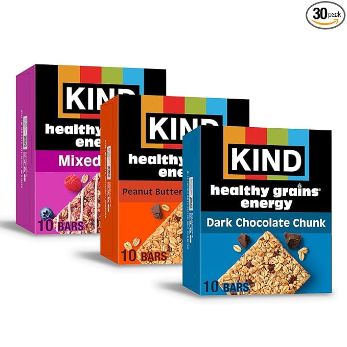 KIND Healthy Grains Energy® Bars 30ct Variety Pack, Dark Chocolate Chunk, Peanut Butter Dark Chocolate, and Mixed Berry, 18-21g Whole Grains, Made with Super Grains, Gluten Free Snacks