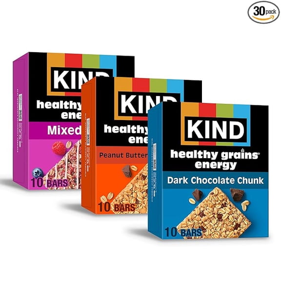 KIND Healthy Grains Energy® Bars 30ct Variety Pack, Dark Chocolate Chunk, Peanut Butter Dark Chocolate, and Mixed Berry, 18-21g Whole Grains, Made with Super Grains, Gluten Free Snacks