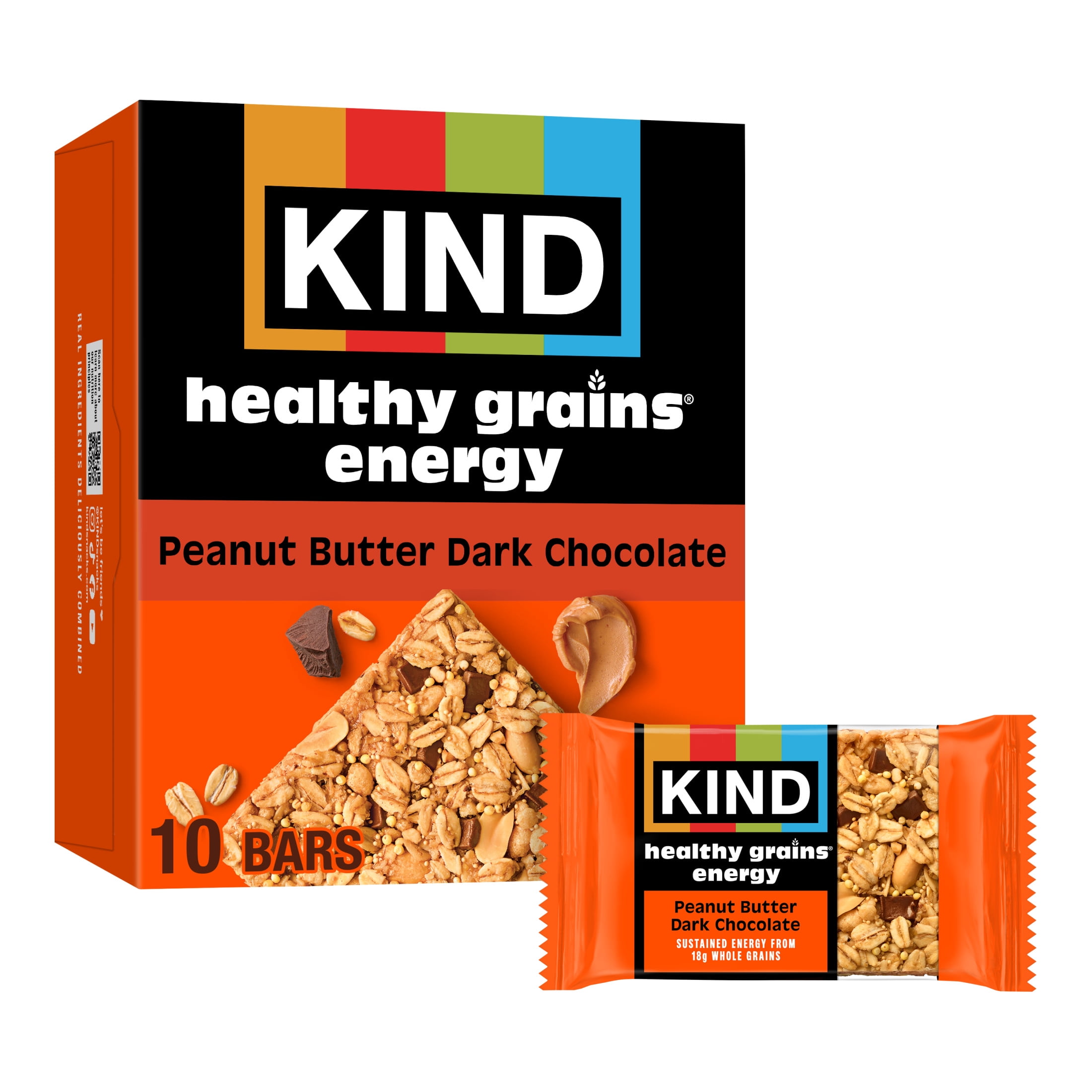 KIND Healthy Grains Energy Peanut Butter Dark Chocolate Snack Bars, 10 Count, Cardboard Box