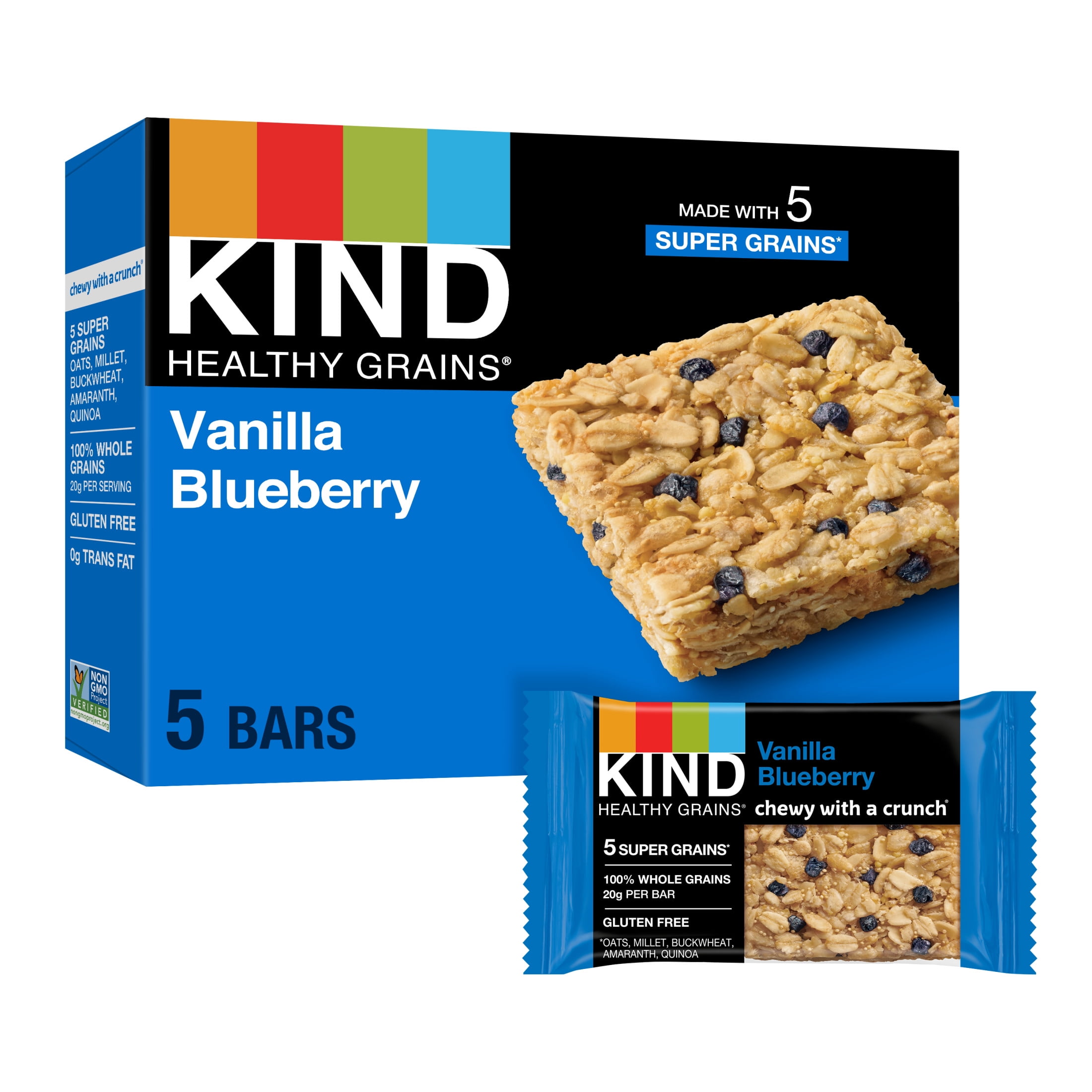 KIND Healthy Grains Gluten Free Vanilla Blueberry Snack Bars, 1.2 oz, 5 Count Box