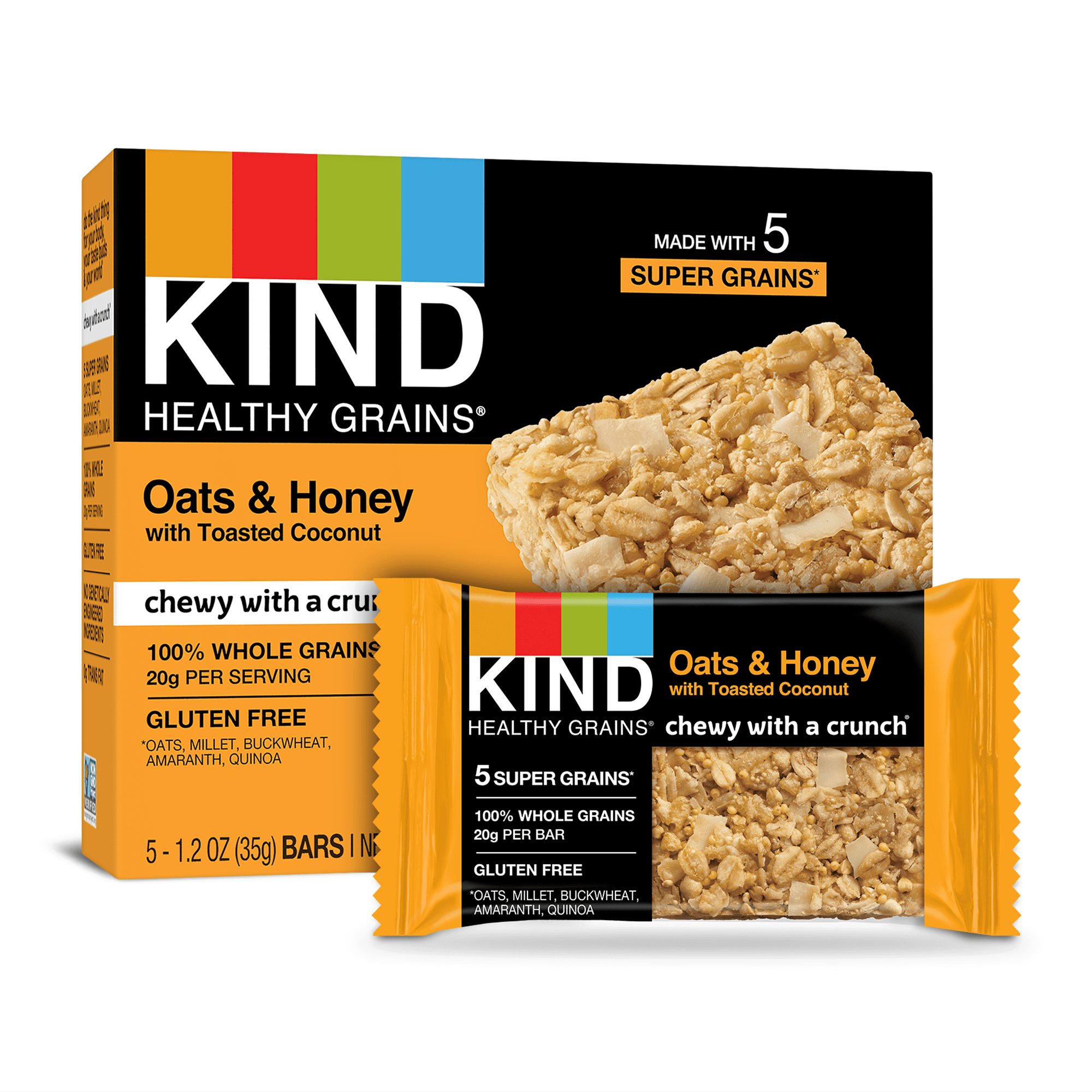 KIND Healthy Grains Granola Bar, Oats & Honey with Toasted Coconut, 5 Bars, Gluten Free, Healthy Grains Bars