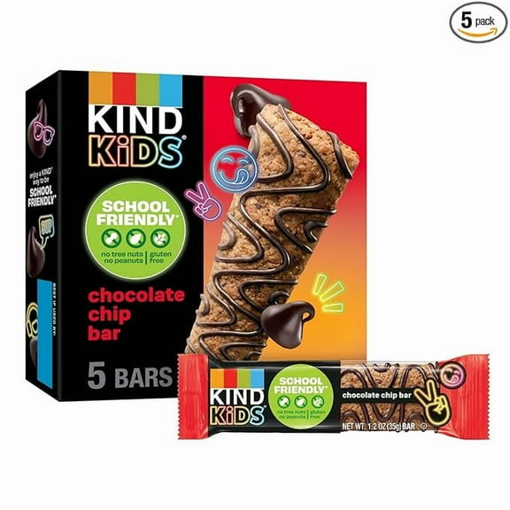 KIND Kids Snacks, Chocolate Chip Bar, Tree Nut and Peanut Free, Gluten Free, Whole Grains and Oats, 5g Protein, 5 Count
