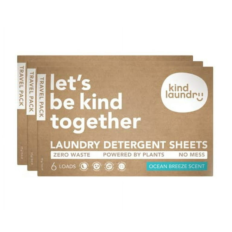KIND LAUNDRY Travel Laundry Detergent Sheets (Pack of 3, Ocean Breeze),  Award Winning Eco Friendly Laundry Sheets, Liquidless Travel Laundry Soap