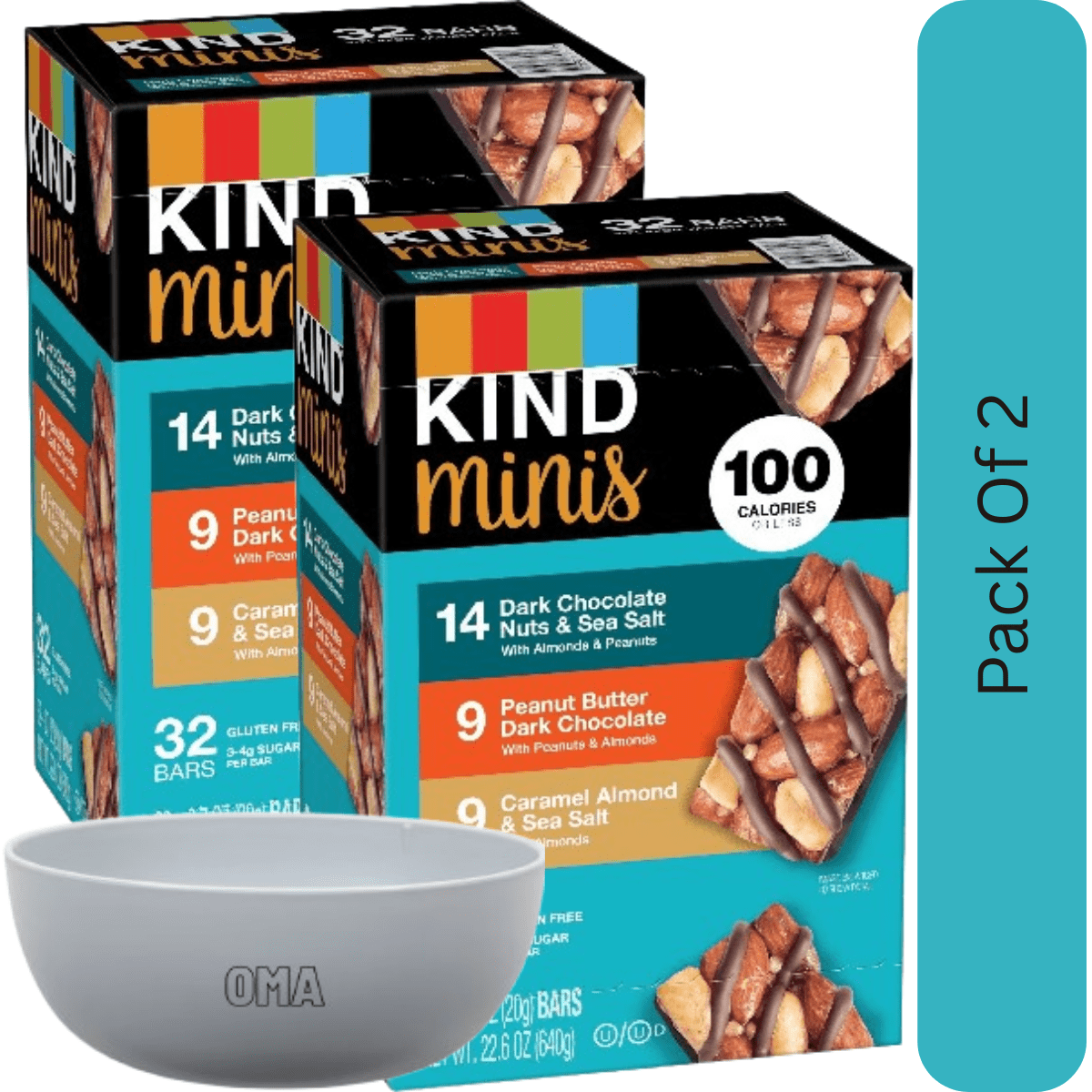 KIND Mini Nut Bars Variety Pack, 32 Count Healthy Snacks With White Bowl By OMA
