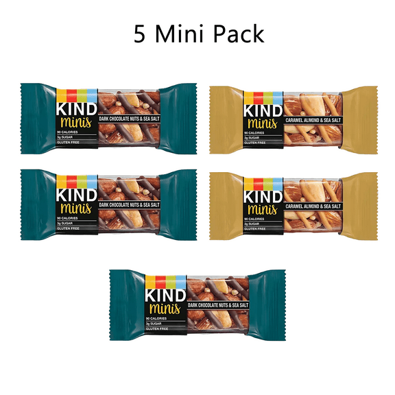 KIND Minis Gluten Free Dark Chocolate Nuts & Sea Salt 3 Pack And Caramel Almond & Sea Salt 2 Pack, 0.7 Oz Per Pack
