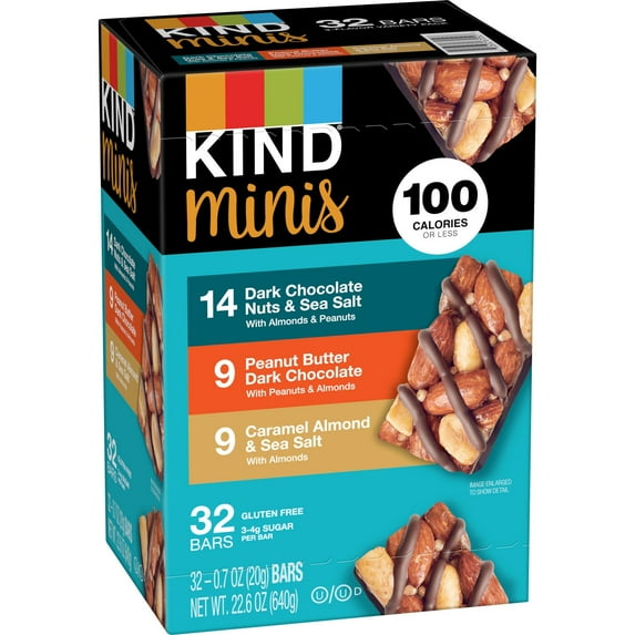 KIND Minis 32-Pack – 22.6 oz Assorted Snack Bars with Dark Chocolate, Caramel, and Peanut Butter