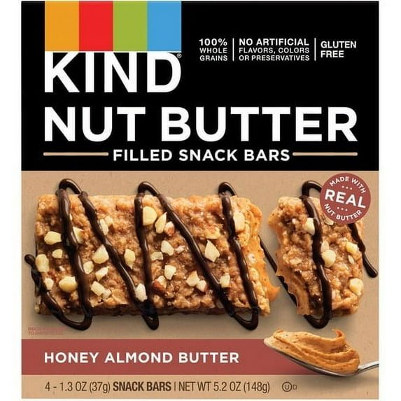 KIND Nut Butter Snack Bars Low Sodium, Gluten-free, Trans Fat Free, No Artificial Flavor, No Artificial Color, Preservative-free - Honey, Almond - 1.30 oz - 4 / Box