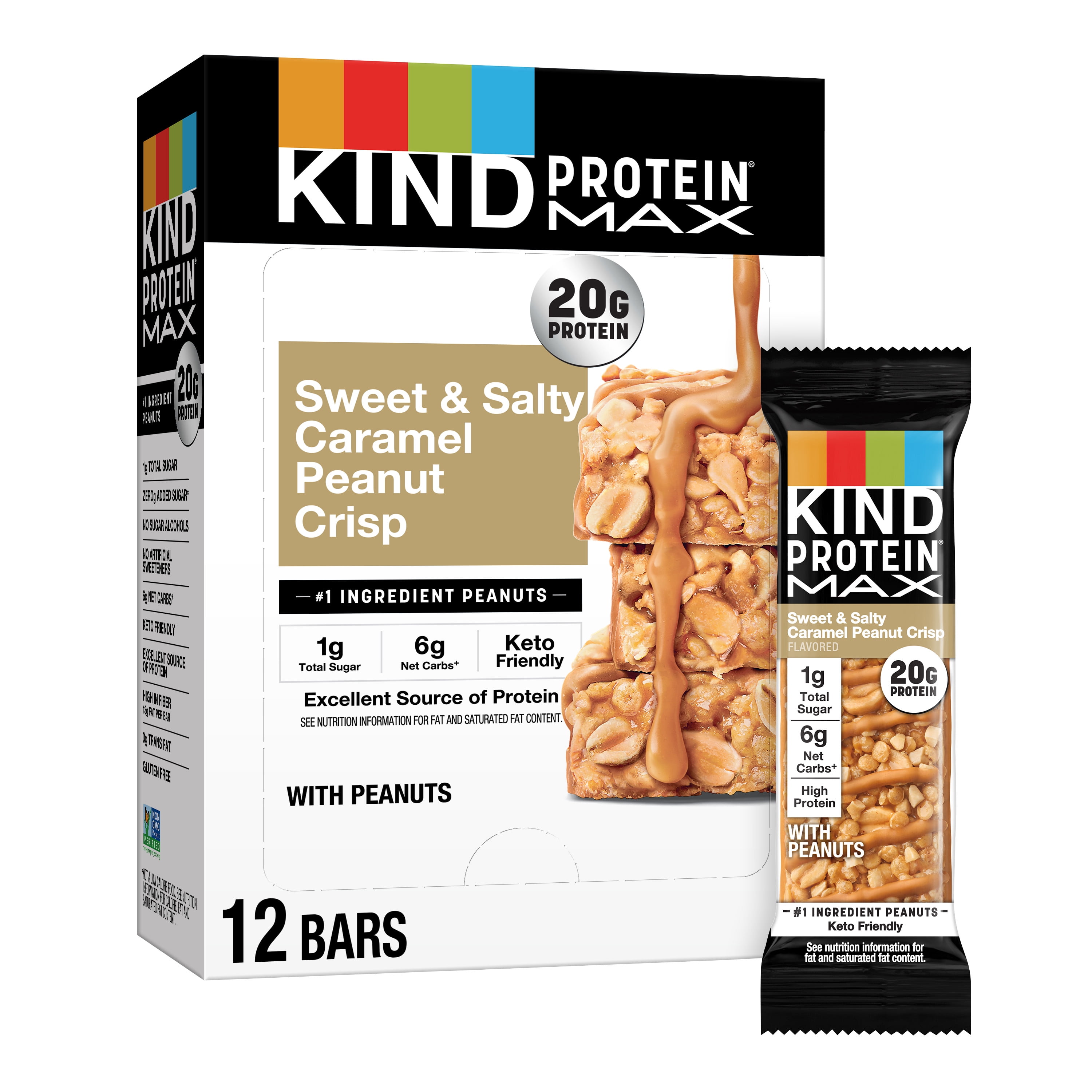KIND Protein MAX Sweet & Salty Caramel Peanut Crisp Bars, 12 Count