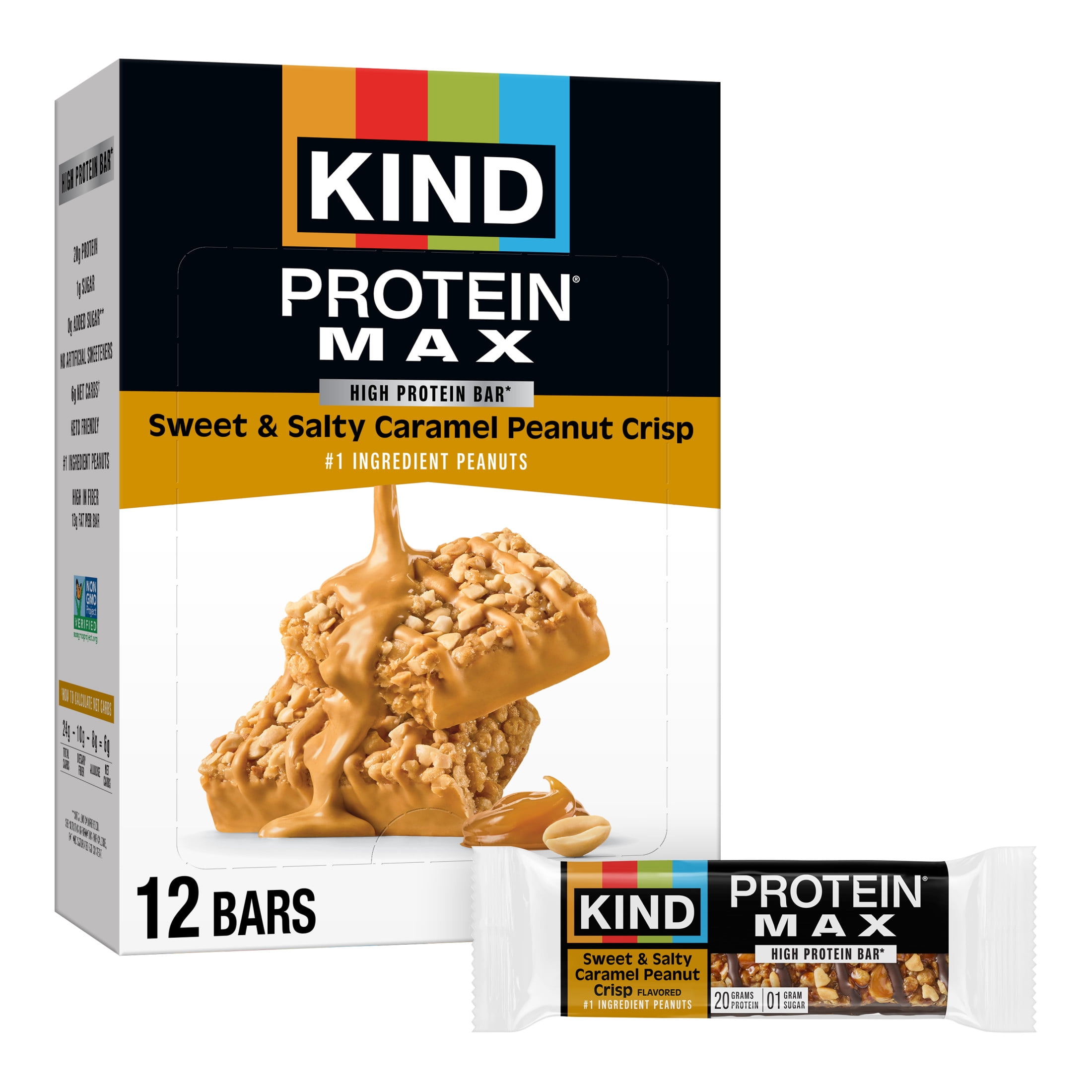 KIND Protein MAX Sweet & Salty Caramel Peanut Crisp Bars, 12 Count Box