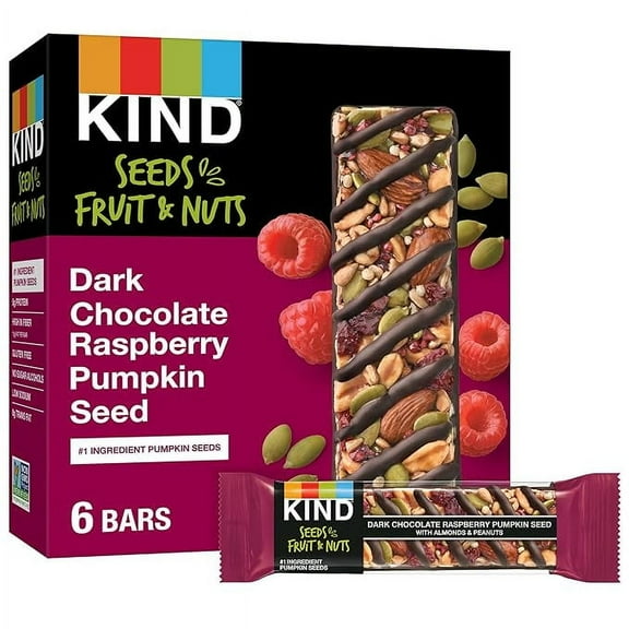 KIND Seeds Fruit & Nuts Snack Bar, Dark Chocolate Raspberry Pumpkin Seed | 5g Protein, High Fiber, Gluten Free Bars, 1.4 OZ, 6 Count