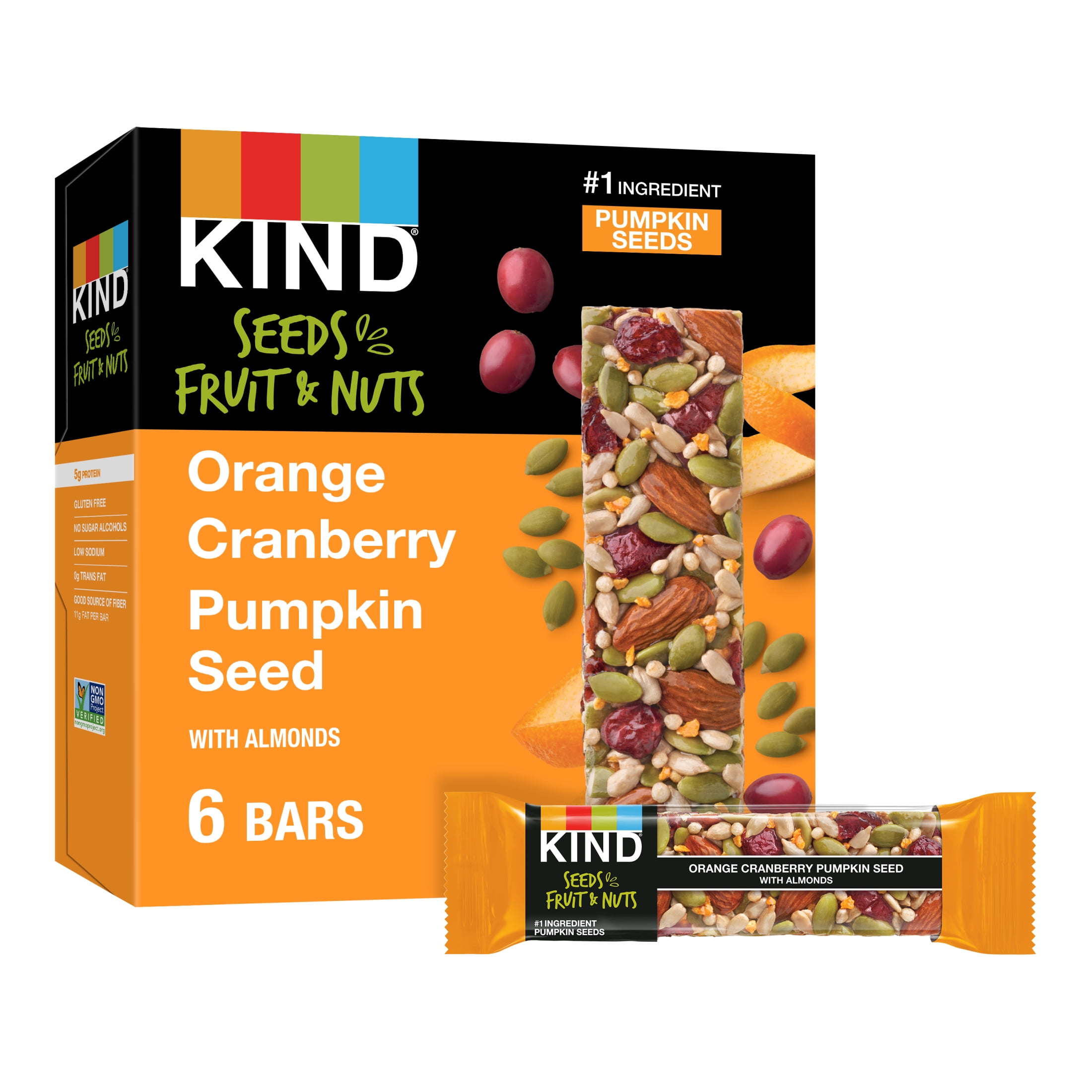 KIND Seeds Fruit & Nuts Snack Bar, Orange Cranberry Pumpkin Seed, 1.4 oz, 6 Count box