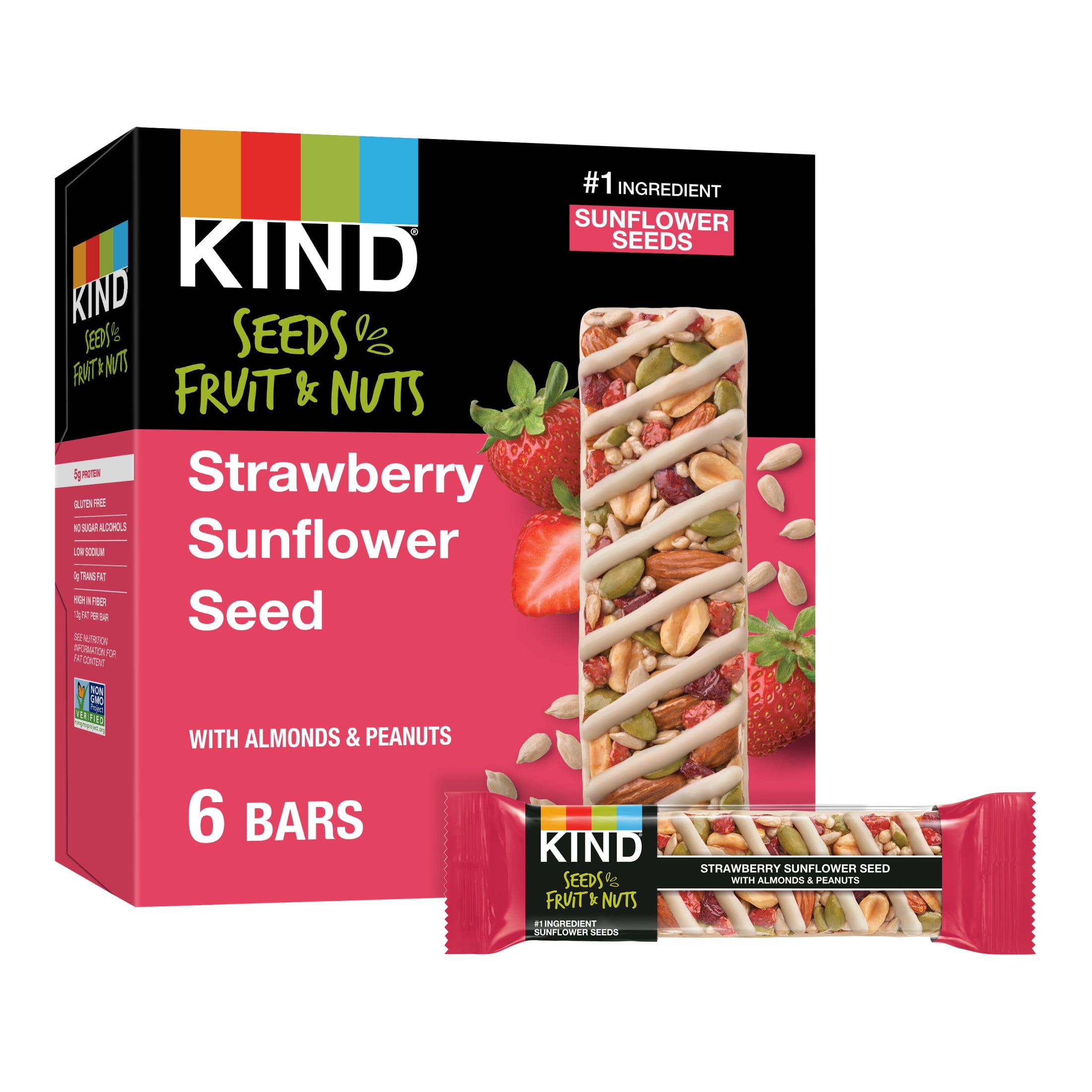 KIND Seeds Fruit & Nuts Snack Bar, Strawberry Sunflower Seed, Gluten Free Bars, 1.4 oz, 6 Count Cardboard Box