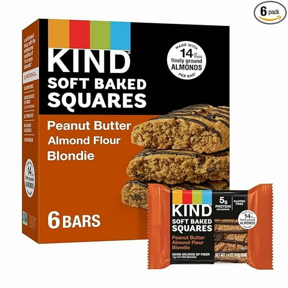 KIND Soft Baked Squares, Peanut Butter Almond Flour Blondie, Healthy Snack Bars, Gluten Free, 5g Protein, 6 Count