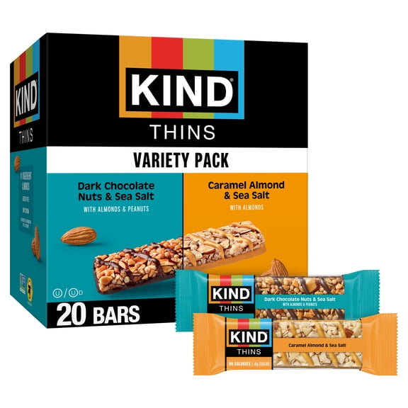 KIND Thins Bars Variety Pack, Dark Chocolate Nuts & Sea Salt, Caramel Almond & Sea Salt, 20 Snack Bars, 1 Box