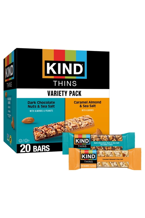 Thins Bars Variety Pack, Dark Chocolate Nuts & Sea Salt, Caramel Almond & Sea Salt, 20 Snack Bars, 1 Box