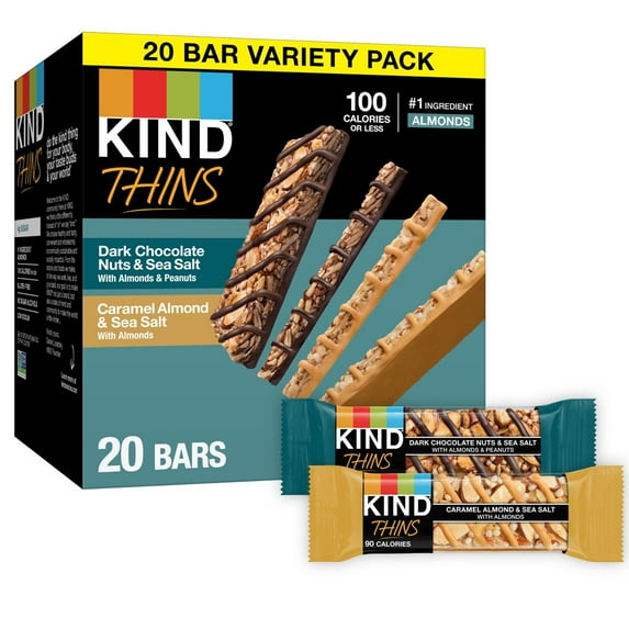 KIND Thins Dark Chocolate Nuts and Sea Salt Caramel Almond and Sea Salt Bars Variety Pack - 20ct - Pack of 2