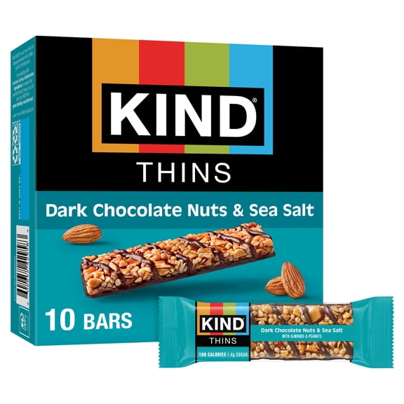 KIND Thins Gluten Free Dark Chocolate Nuts & Sea Salt Snack Bars, 0.74 oz, 10 Count