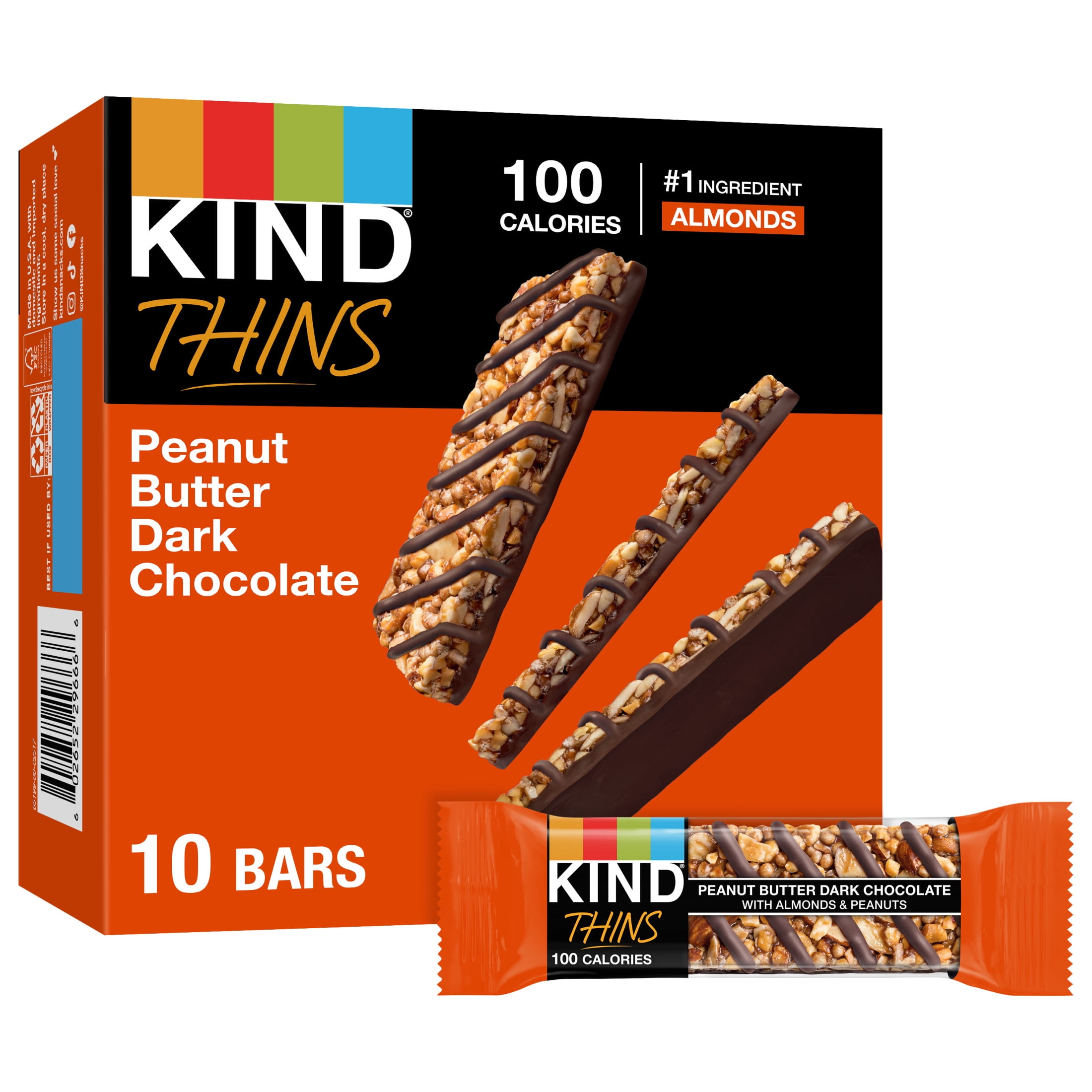 KIND Thins Gluten Free Peanut Butter Dark Chocolate Bars, 0.74 oz, 10 Count Box