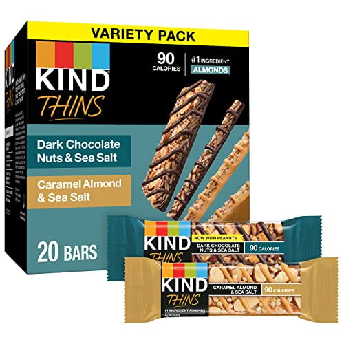 Kind Thins Variety Pack, Dark Chocolate Nuts & Sea Salt, Caramel Almond & Sea Salt, Healthy Snacks, Low Calorie, 20 Count Packaging May Vary