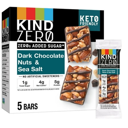KIND ZERO Added Sugar Bars, Keto Friendly Snacks, Dark Chocolate Nuts and Sea Salt, 6.2oz Box (5 Bars)
