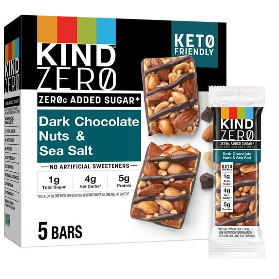KIND ZERO Added Sugar Bars, Keto Friendly Snacks, Dark Chocolate Nuts and Sea Salt, 6.2oz Box (5 Bars)