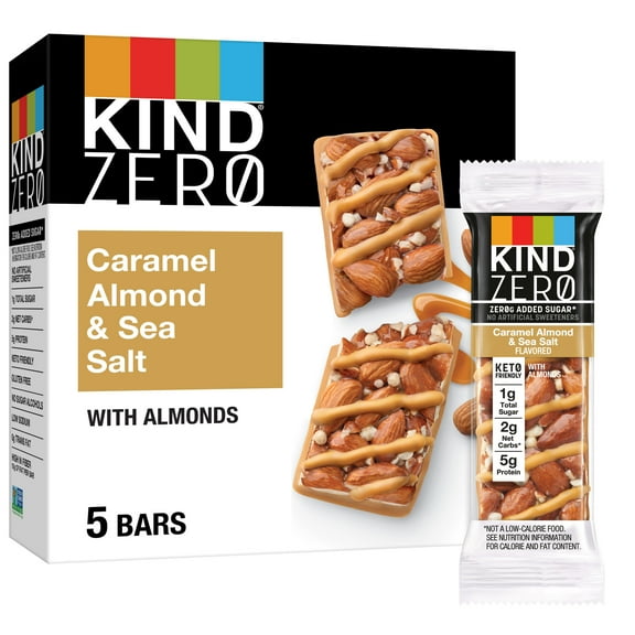 KIND ZEROg Added Sugar Bars, Keto Friendly, Caramel Almond and Sea Salt Flavored, 6.2oz Box (5 Bars)