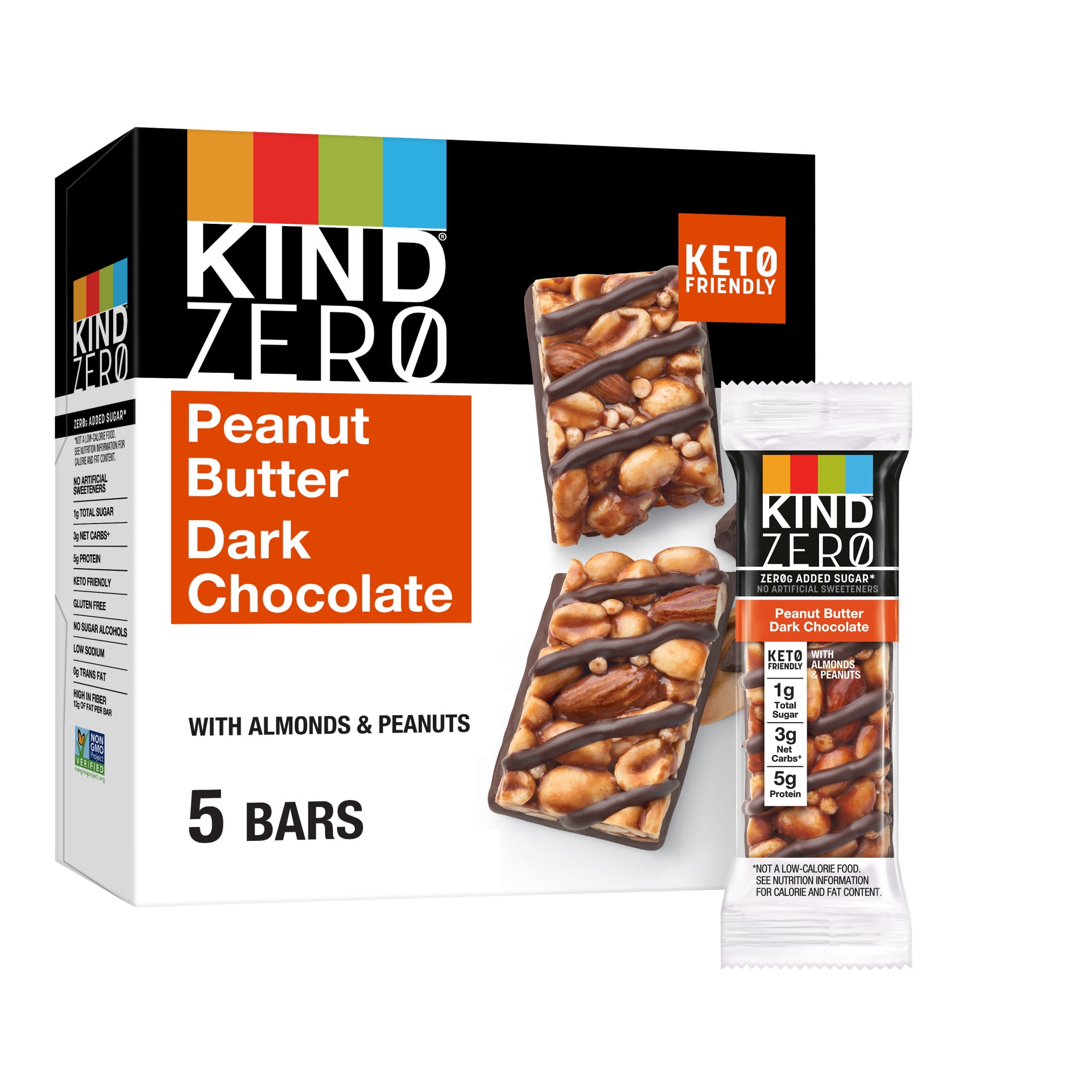 KIND ZEROg Added Sugar Bars, Keto Friendly Snacks, Peanut Butter Dark Chocolate, 5 Bars