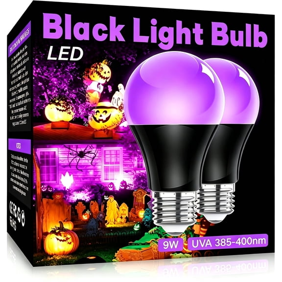 KINDEEP 9W E26 LED Black Light Bulb, 385400Nm UV Light Bulb Wavelength for GlowintheDark Effect, Body Paint, Halloween & Indoor Party Decor 2 Pack