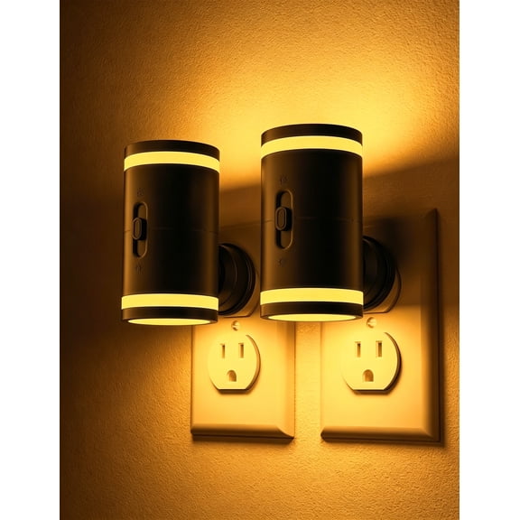 KINDEEP Plugin LED Night Light, Dimmable with Light Sensor Auto on/off, Amber Yellow 2000K, Black, Wall Decor, 2Pack for Bedroom Bathroom Hallway
