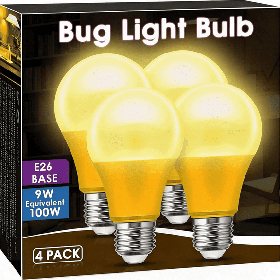 KINDEEP Yellow Bug Light Bulb, 9W Equivalent 60W, A19 LED yellow light bulb, E26 Base, 2000K yellow light bulbs for Porch and Home Lighting, 4 Pack