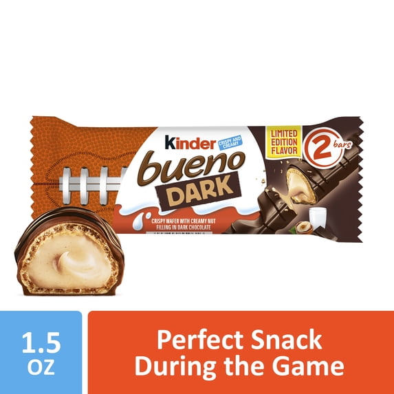 Kinder Bueno Dark Chocolate Bars with Creamy Hazelnut Filling, Chocolate Candy Bars for Game Day, Football Party Supplies, Snacks for Adults, 2 Per Pack, 1.5 oz. Per Pack