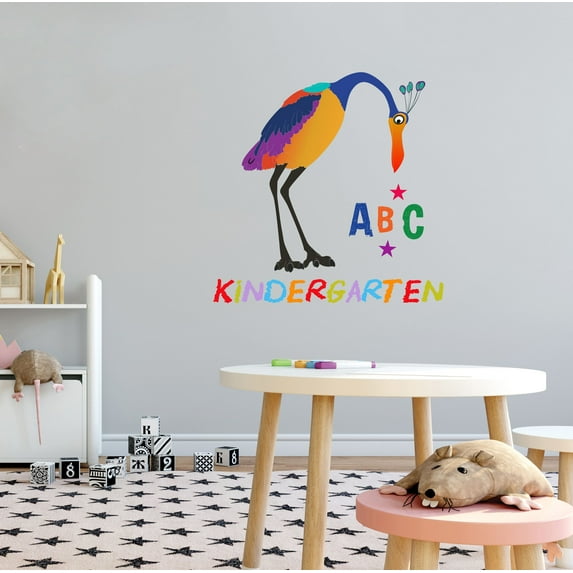 KINDERGARTEN - Vinyl Pre-School Multicolored Large Peacock Bird Decoration A B C Letter Alphabets & Stars Design Kids Playroom Child Care Lettering Art Wall Decal 10" x 10"