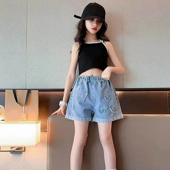 KINDXX Cute Jean Shorts for Girls 10-12 Elastic High Waistband With Metal Buckle And Heart Design Denim Shorts, Loose Fit Comfortable Summer Clothes Size 9-10 Years