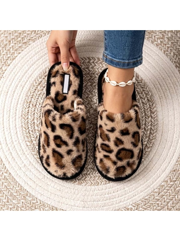 Faux Fur Cheetah Slippers for Women, Leopard Memory Foam House Shoes, Non-Slip TPR Soles, For Indoor & Outdoor