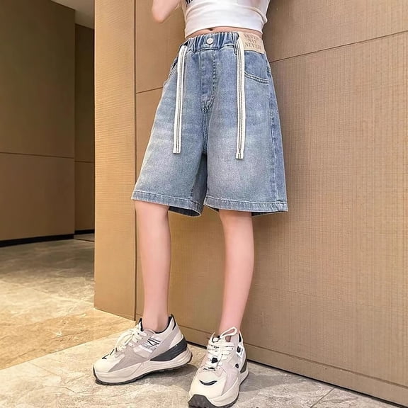 KINDXX Girls Bermuda Jeans Shorts Size 10-12 Elastic Waist Light Blue Denim Bottom With Long Drawstring Fashion Trendy Summer Clothes for Kids 11-12 Years