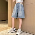 thumbnail image 1 of KINDXX Girls Bermuda Jeans Shorts Size 10-12 Elastic Waist Light Blue Denim Bottom With Long Drawstring Fashion Trendy Summer Clothes for Kids 9-10 Years, 1 of 3