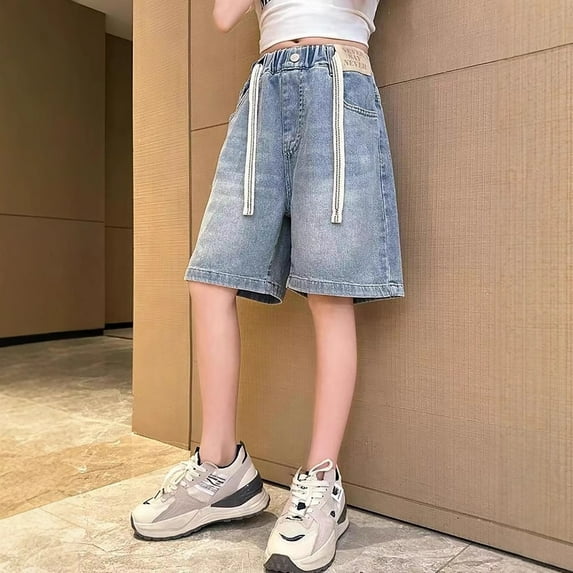 KINDXX Girls Bermuda Jeans Shorts Size 10-12 Elastic Waist Light Blue Denim Bottom With Long Drawstring Fashion Trendy Summer Clothes for Kids 9-10 Years