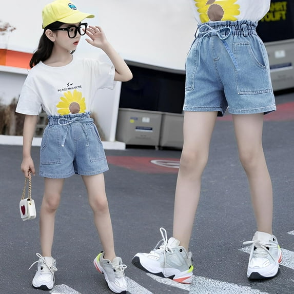 KINDXX Girls Light Blue Jean Shorts Comfy Casual Elastic Waist Shorts With Drawstring Summer Pull On Denim Short with Pockets Size 8-9 Years