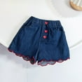 thumbnail image 1 of KINDXX Kids Girls Jean Shorts Lightweight Comfort Soft Ruffle Henm Pull On Denim Shorts With Heart Botton, Trendy Summer Clothes for Teen Girls Size 4-5 Years, 1 of 9