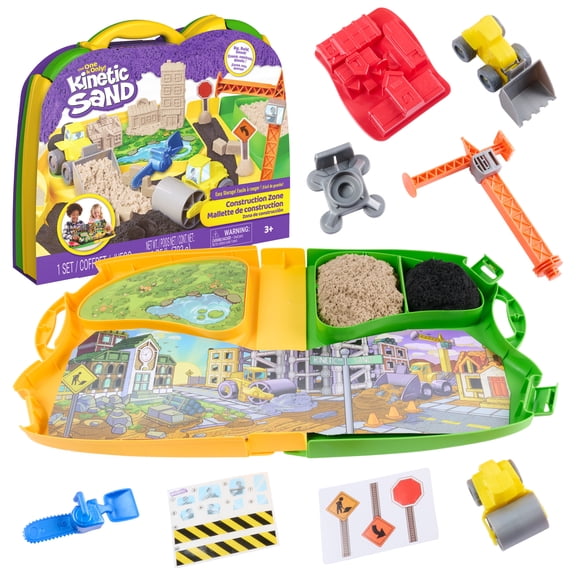 Kinetic Sand, Construction Zone with 1.75lb Sand, 2 Vehicles, Tools & Storage Case